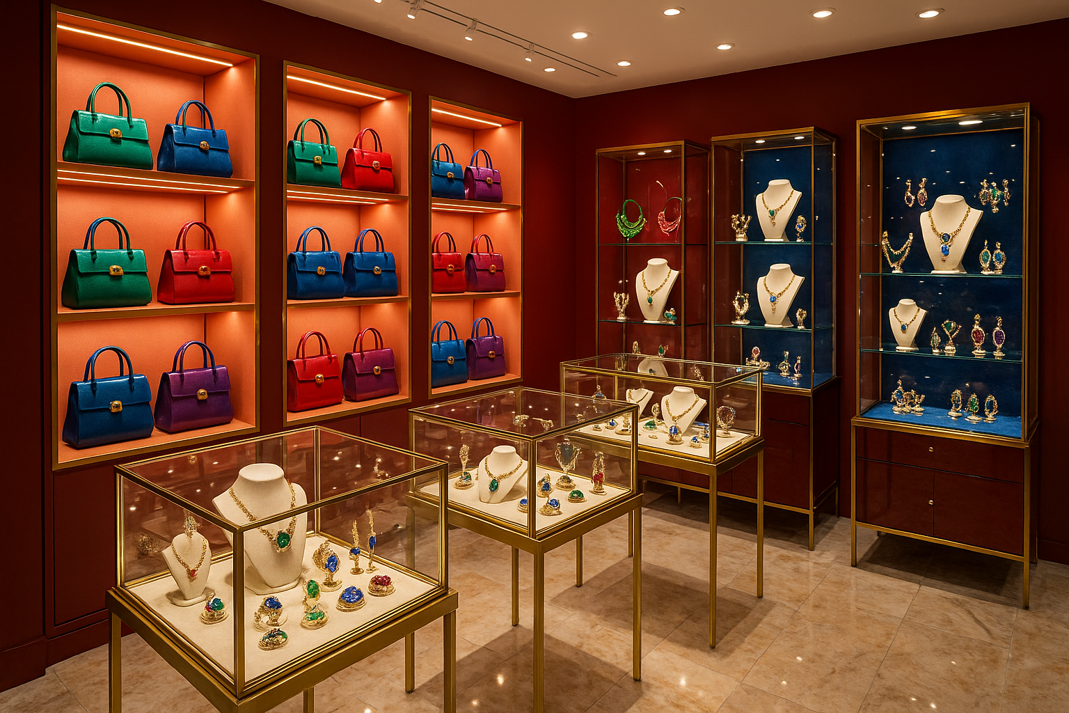 una tienda elegante de carteras y joyeria con mucho color